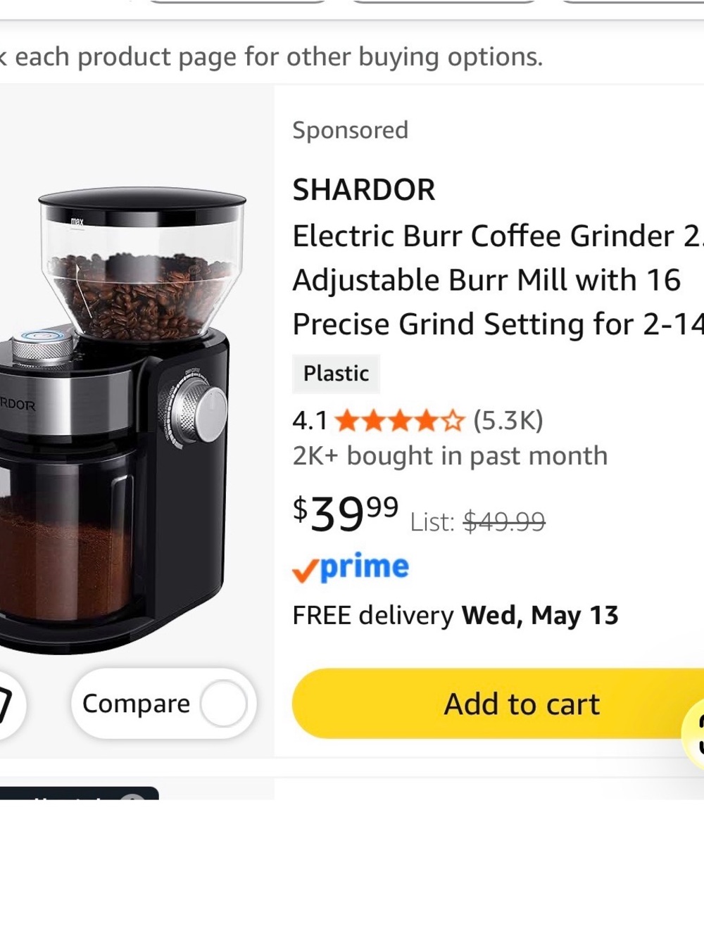 SHARDOR Electric Burr Coffee Grinder in Black